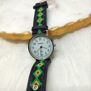 WORKS- Strada unisex watch green and black geometric retro fabric watchband